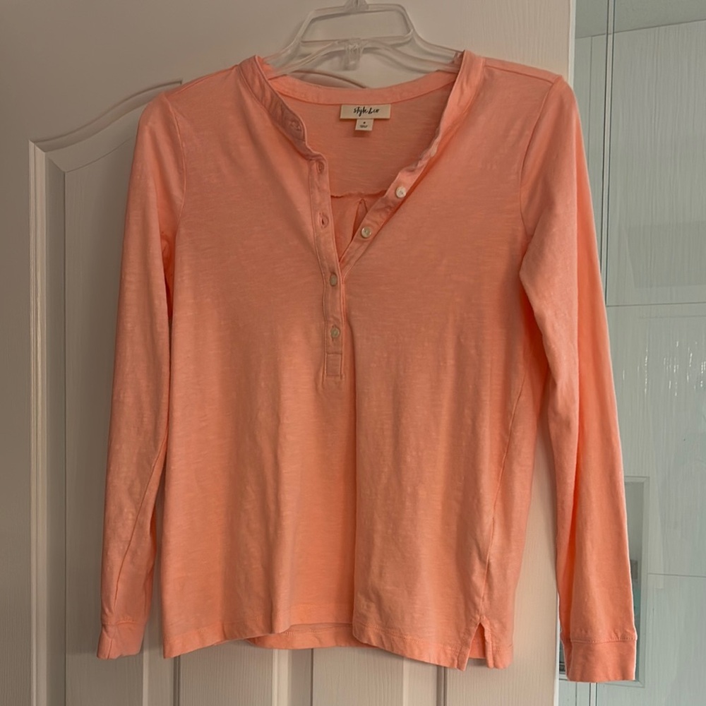 Style & Co. Mandarin Collar Fitted Long Sleeve Top in Orange Pink